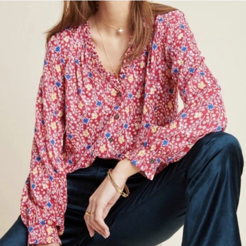 Anthropologie Maeve Floral Ruffle Neck Red Shirt Size 14